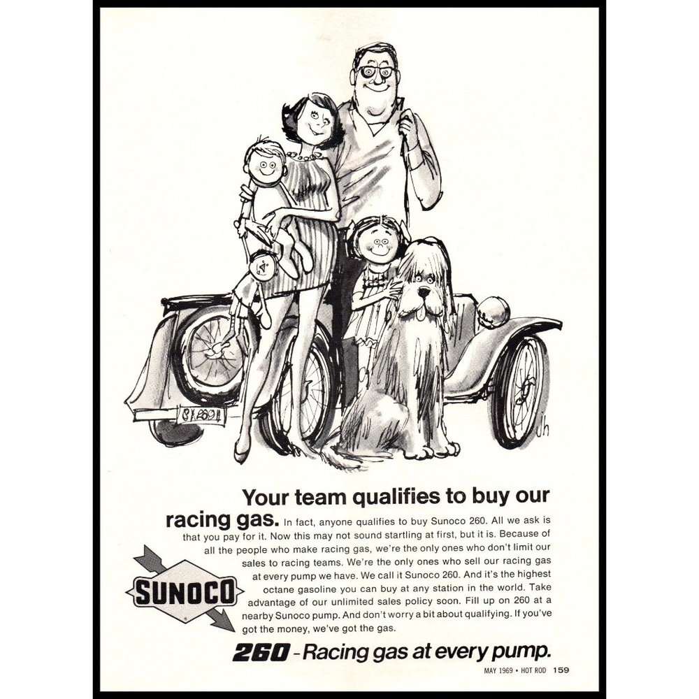 1969 Sunoco 260 Racing Gas Vintage Print Ad Family Car Shaggy Dog Wall Art